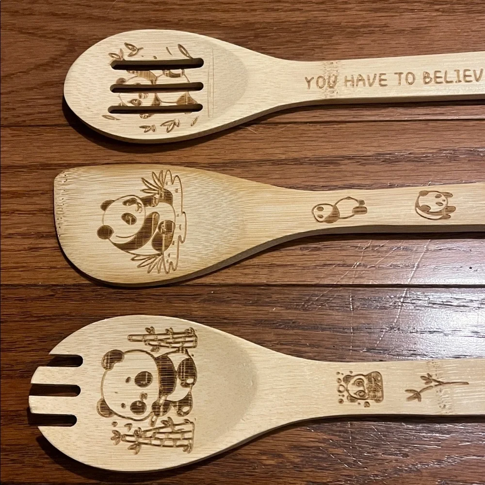 Lot of 5 pc Wooden Bamboo Panda Kitchen Cooking Spoons Utensils NWOT, New